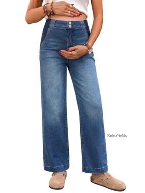 Maternity Jeans High Waist Straight Denim Pants Adjustable Waist Stretchy